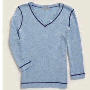 InCashmere Cashmere Blend V-Neck 3/4 Sleeve Sweater, Blue & Navy L NWT